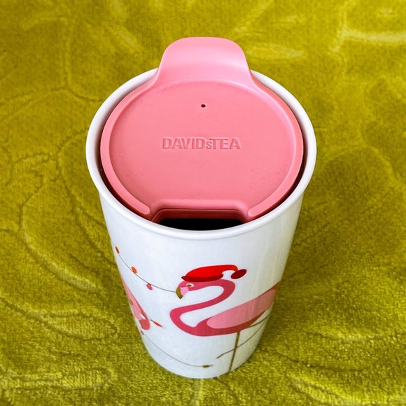 Davids Tea Twisted Pink Flamingo Ceramic Christmas Lights Travel Tumbler Mug Lid - Picture 7 of 10